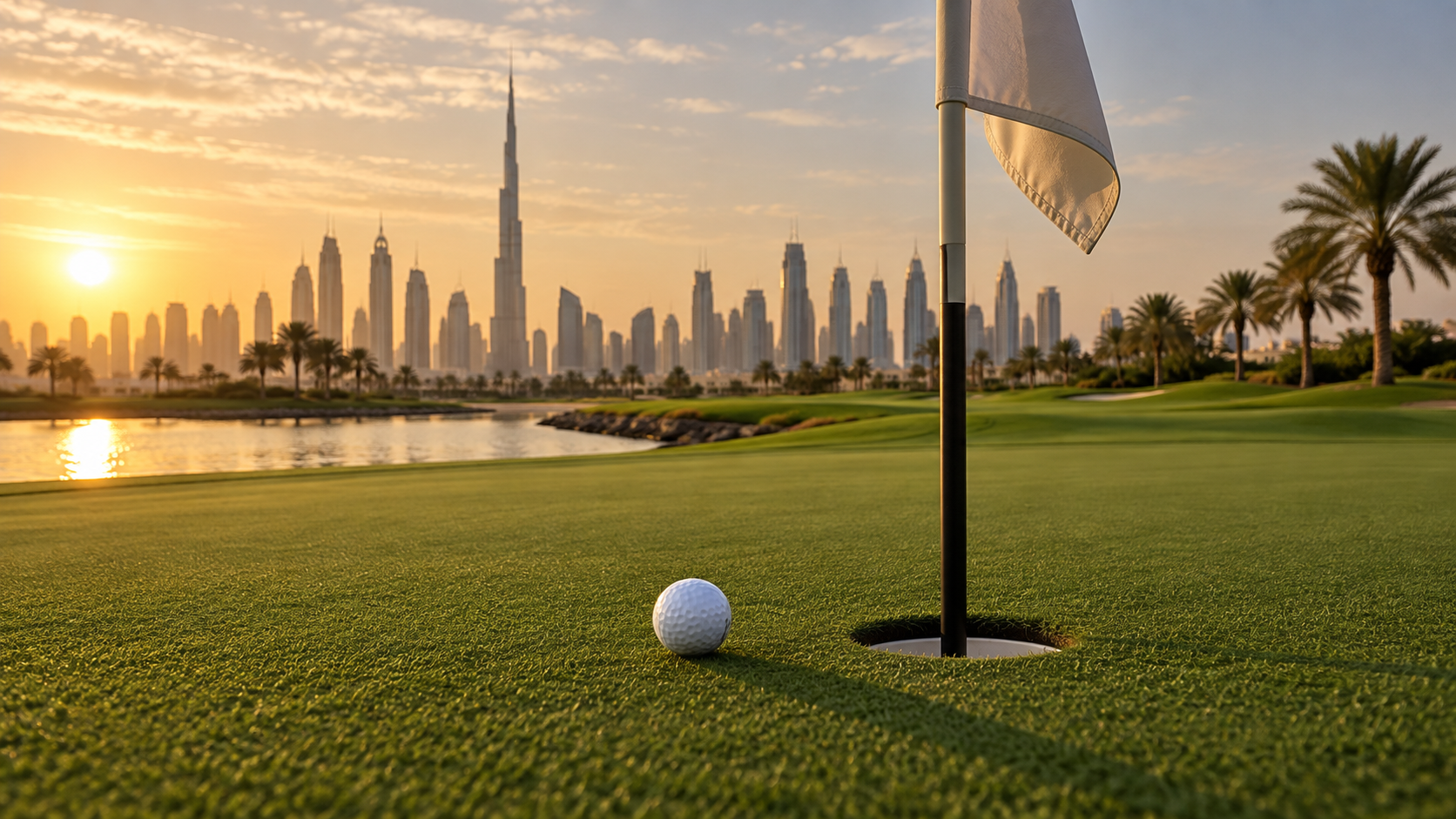 Golf green and flag at sunset with the Dubai skyline in the distance